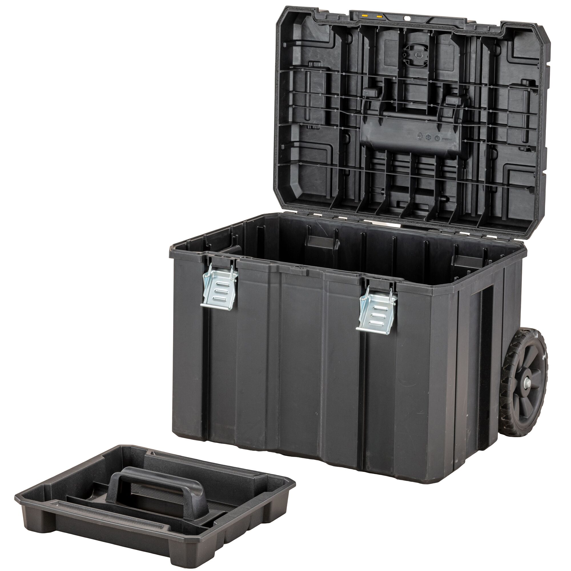 A large black DEWALT rolling toolbox with an open lid, two metal latches on the front, and a removable tray placed beside it. The toolbox features two sturdy wheels for easy transport.