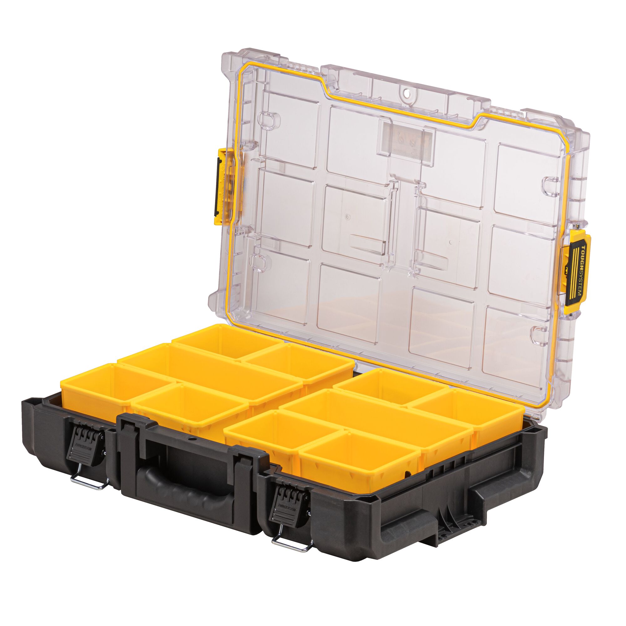 A DEWALT storage organizer case with a transparent lid and eight yellow removable compartments for keeping small items and tools organized.