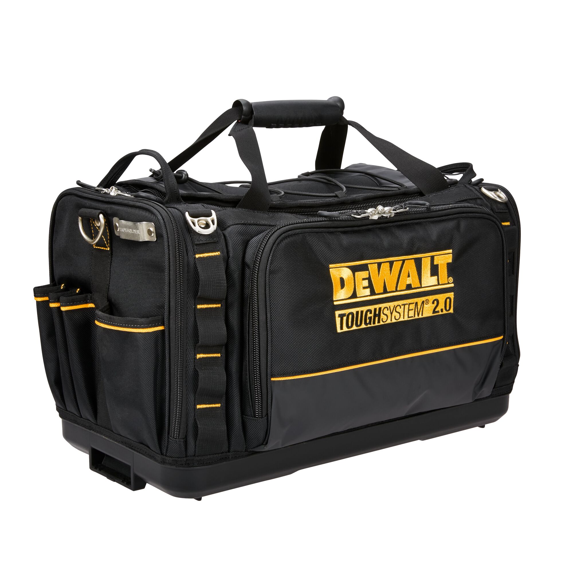 A black and yellow DEWALT ToughSystem 2.0 tool bag with multiple pockets, sturdy handles, and reinforced corners.