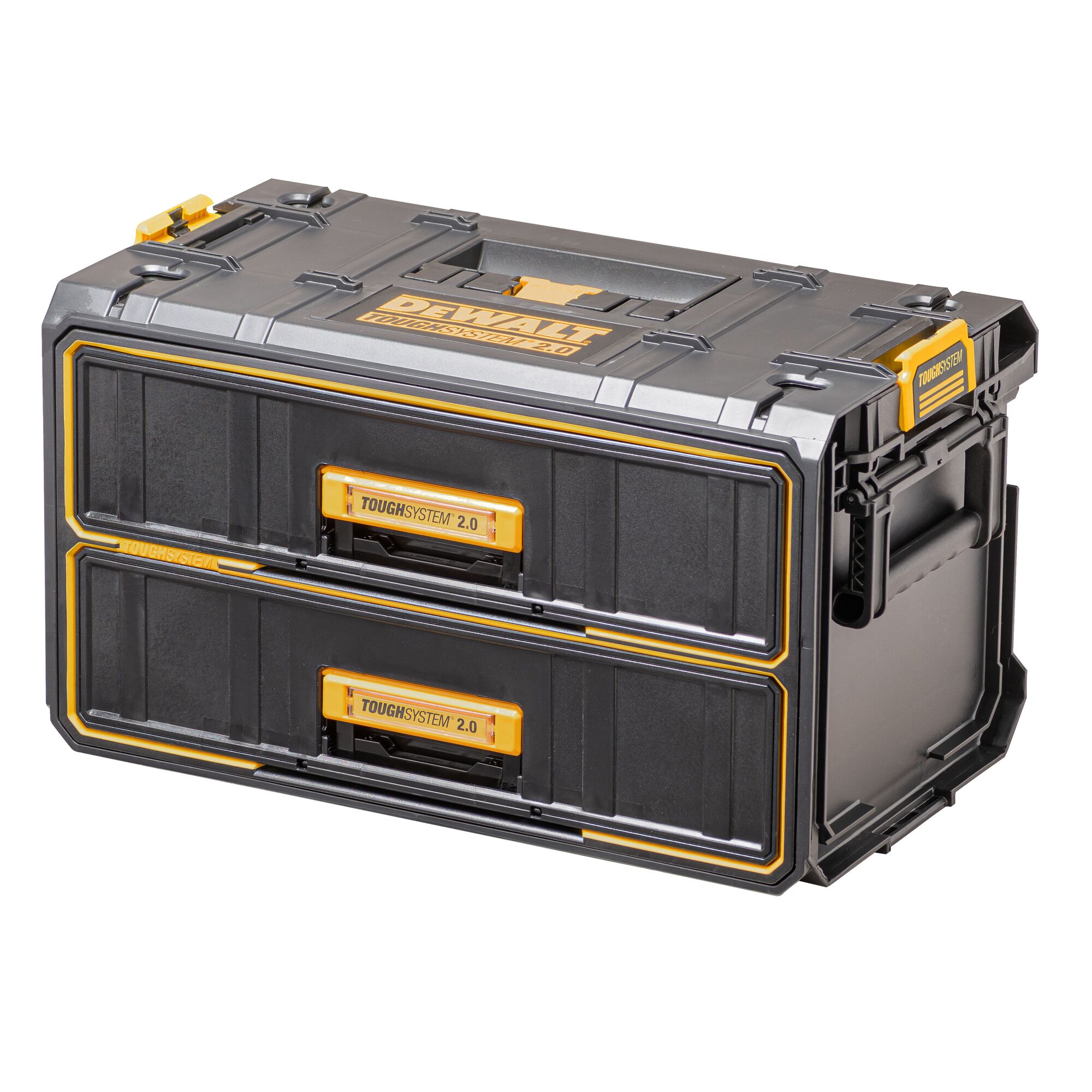 A DEWALT ToughSystem 2.0 storage box with two drawers, featuring black and yellow design, sturdy handles, and reinforced corners.