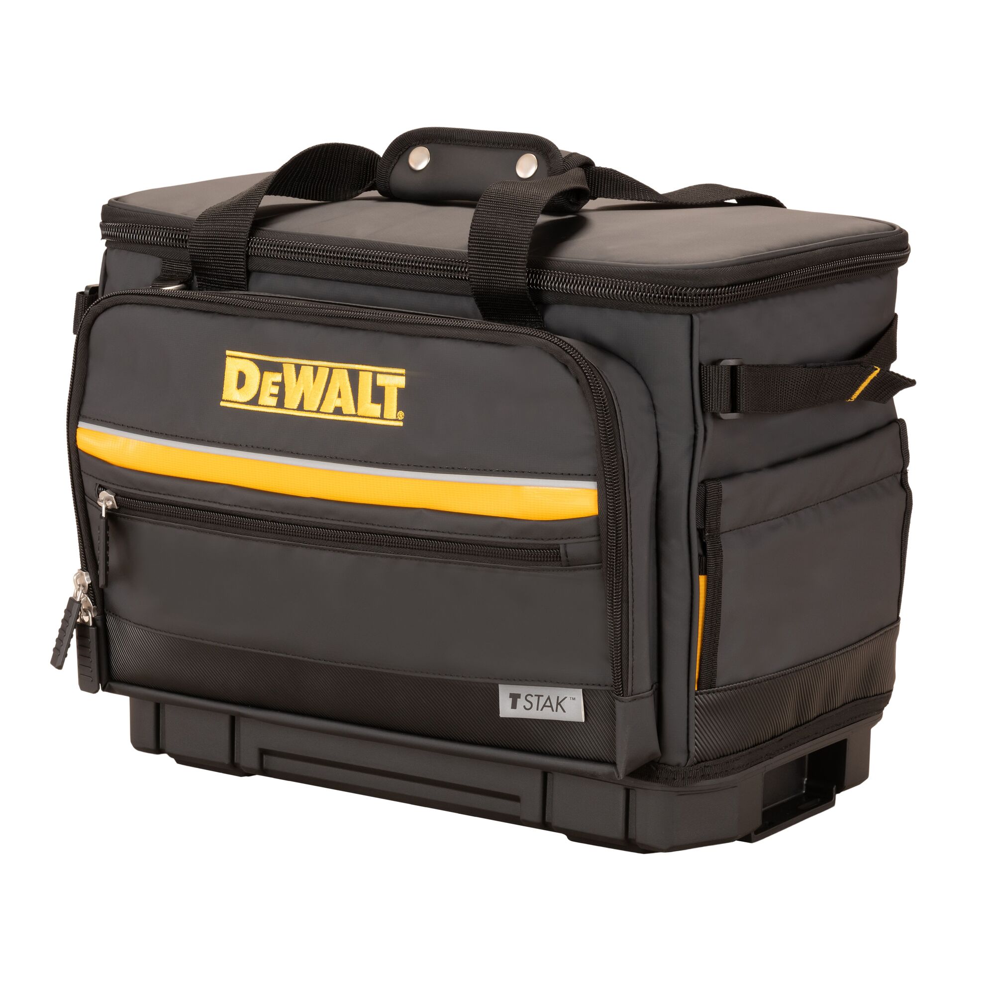 A black and yellow DEWALT branded camera and accessory bag with multiple zippered compartments, carrying handle, and a sturdy base, suitable for photography equipment storage and transport.