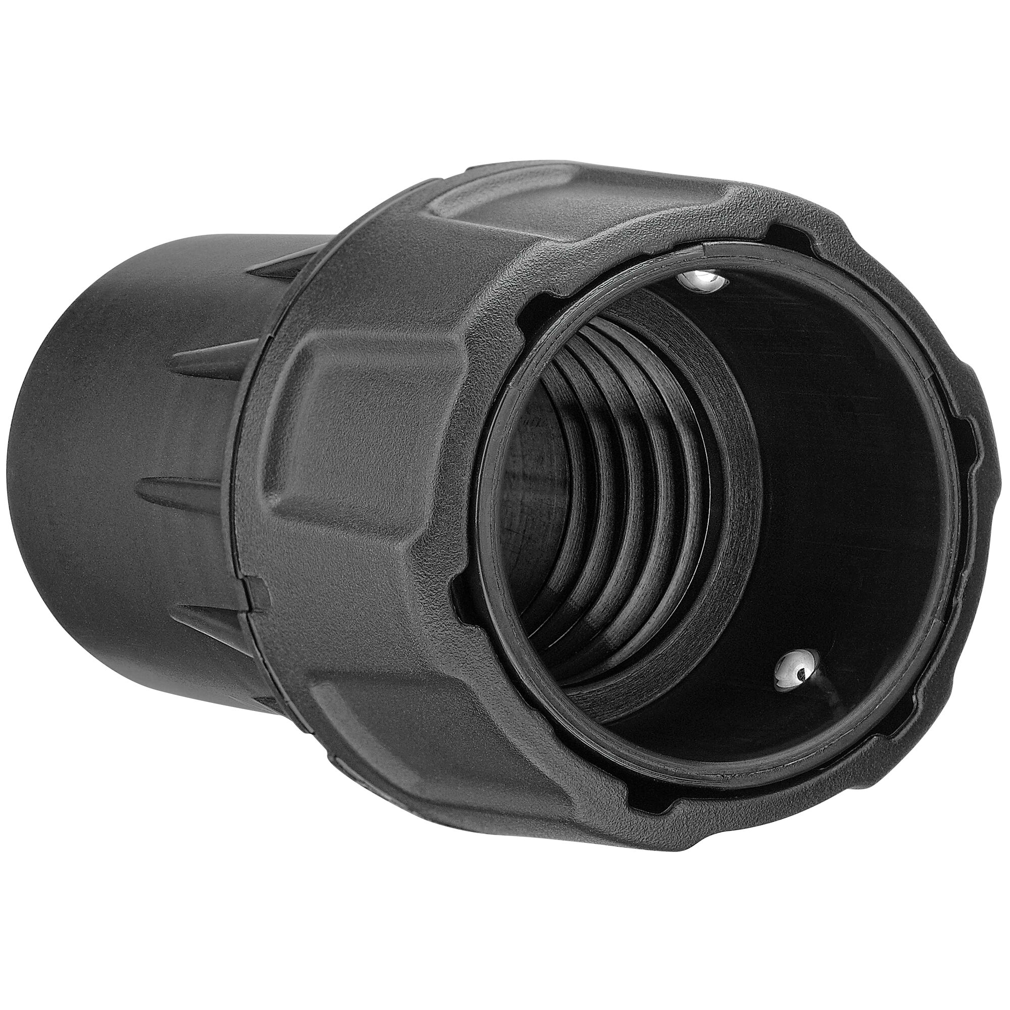 A close-up image of a black plastic threaded adapter component, designed for use with DEWALT products. The adapter features a ridged exterior and interior threading.
