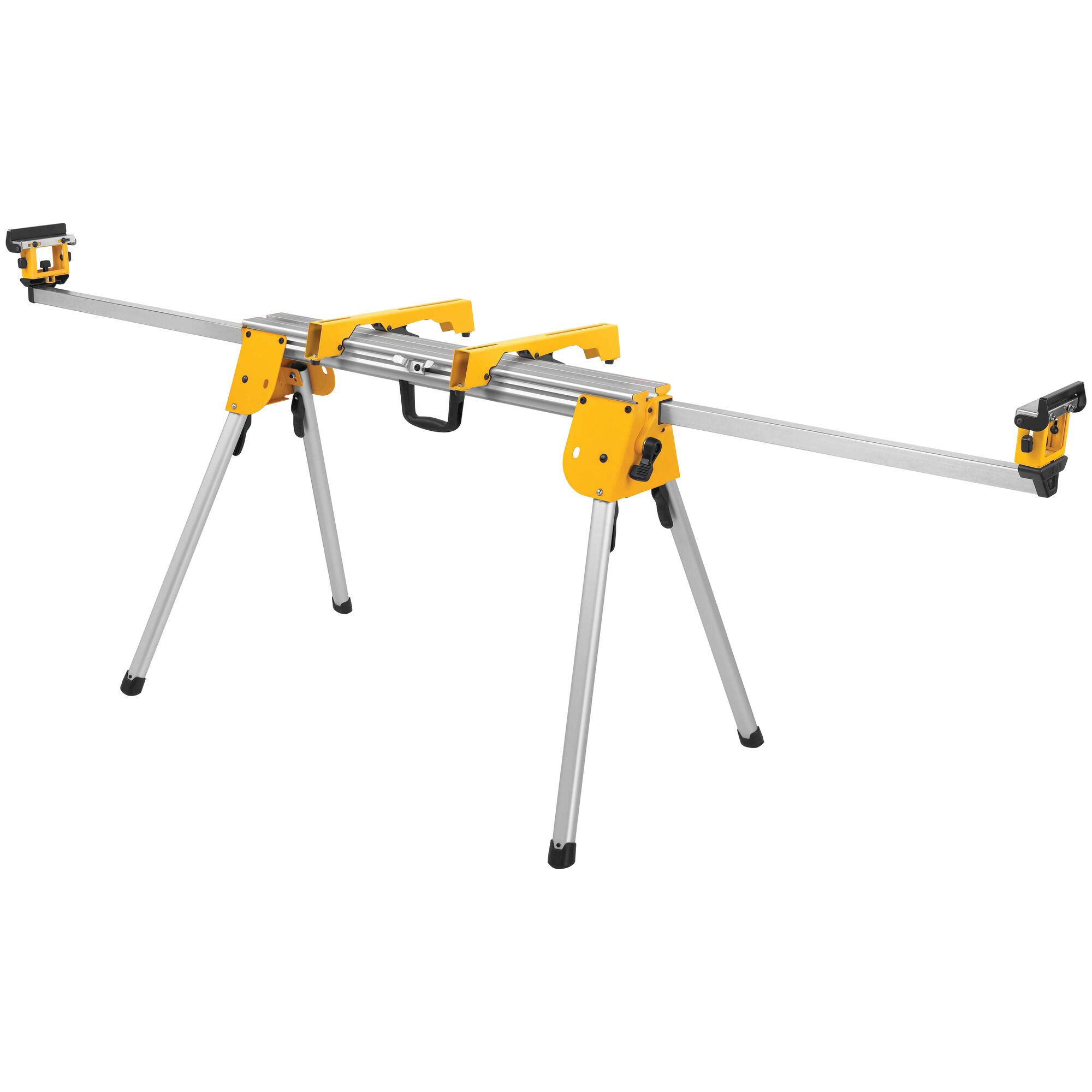A DEWALT DWX724 portable miter saw stand with foldable aluminum legs and adjustable mounting brackets, designed for supporting miter saws and workpieces.