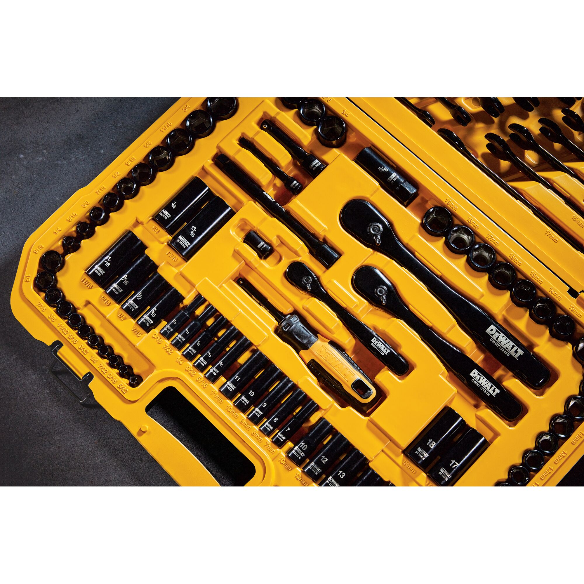 Close up of DEWALT 184 piece black chrome mechanics tool set assembled in its case.