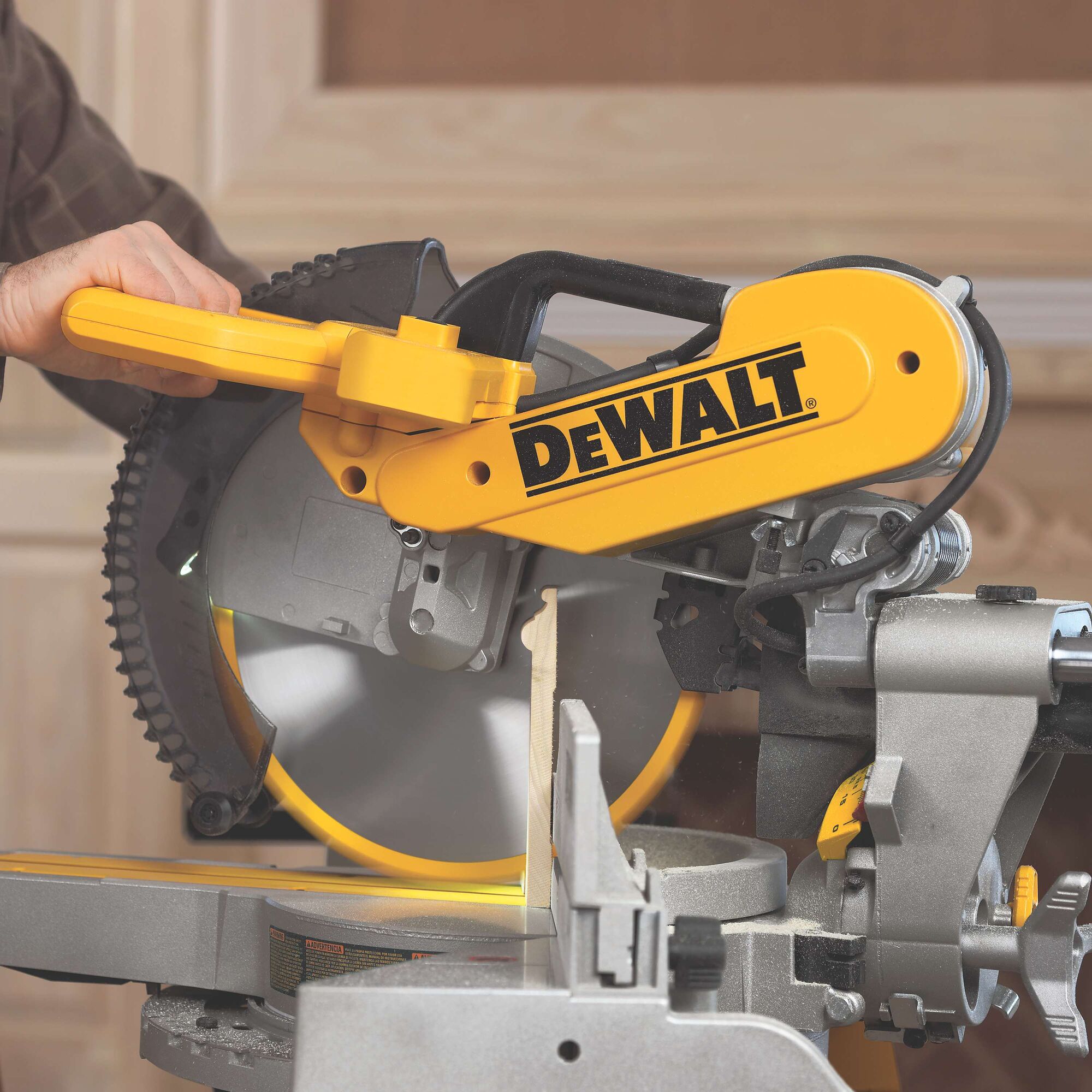 12 inch double bevel sliding compound miter saw in action.