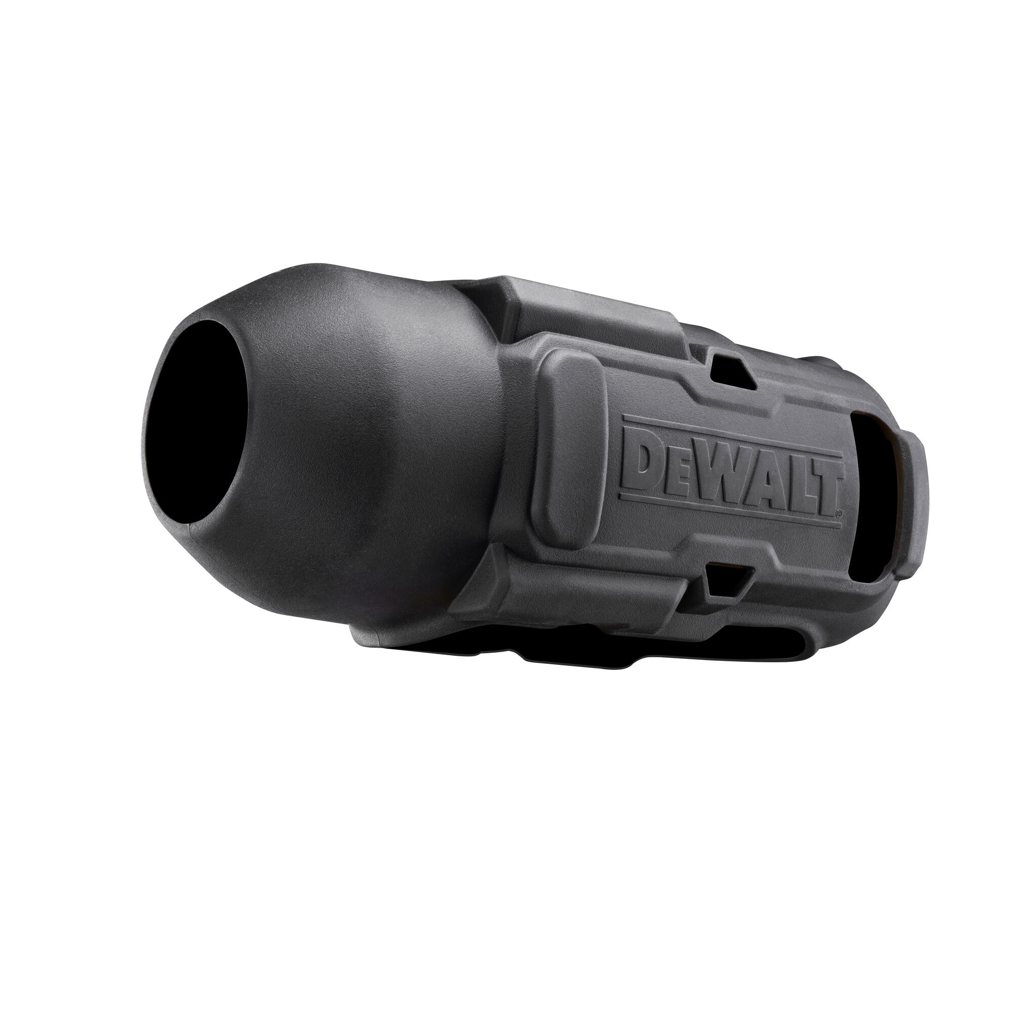 A black plastic DEWALT camera or tool protector case, featuring a cylindrical shape with the DEWALT brand name engraved on the side.