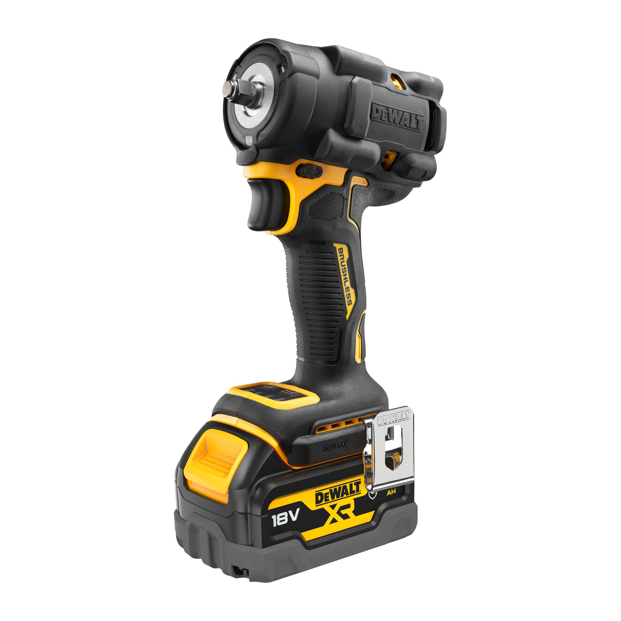 DEWALT 18V cordless impact wrench with brushless motor, black and yellow, battery attached.